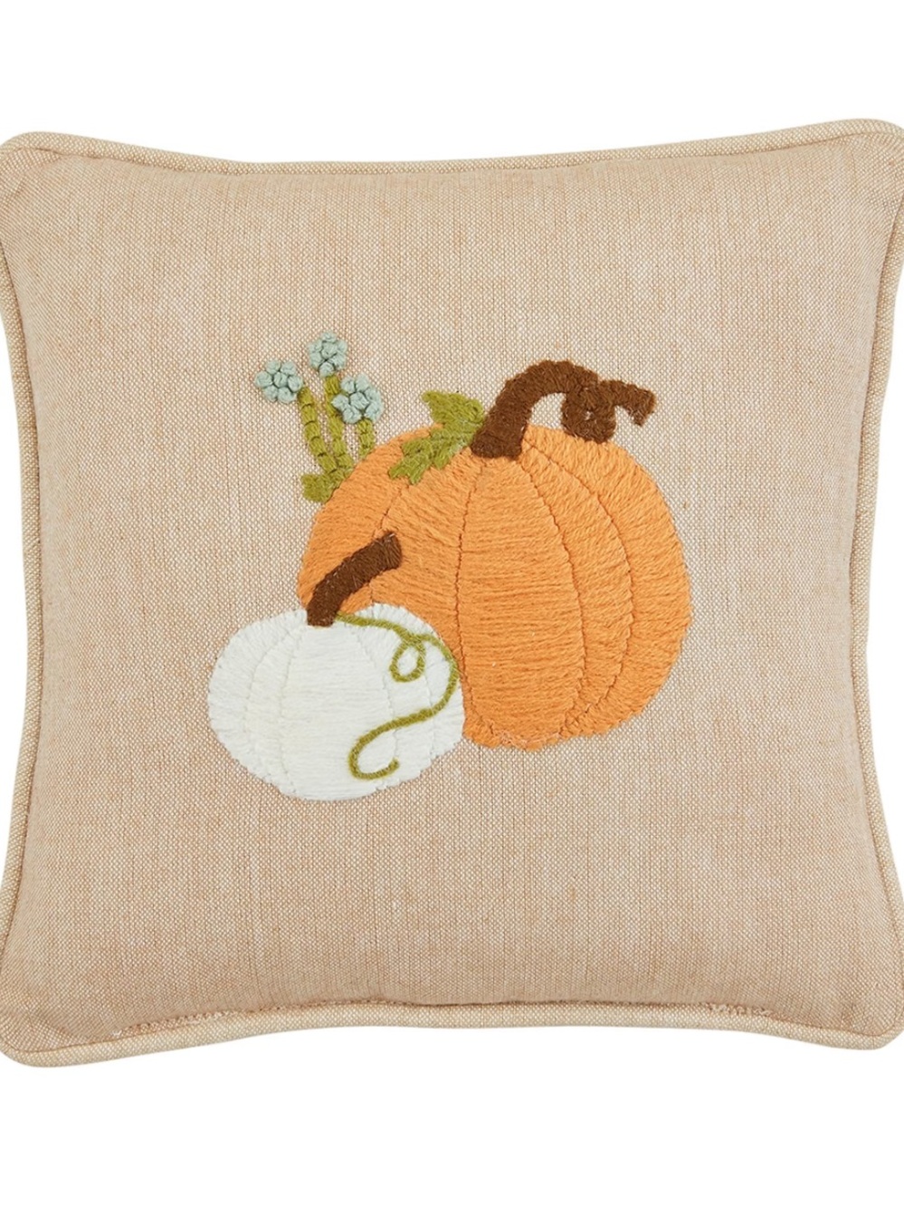 MUD PIE NEW Dbl Pumpkin Embroidery Pillow, 8" × 8", TAN